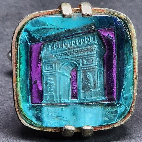 Vintage Swank Cufflinks Arc De Triomphe Aqua Blue Silver-tone SET - Picture 2 of 11